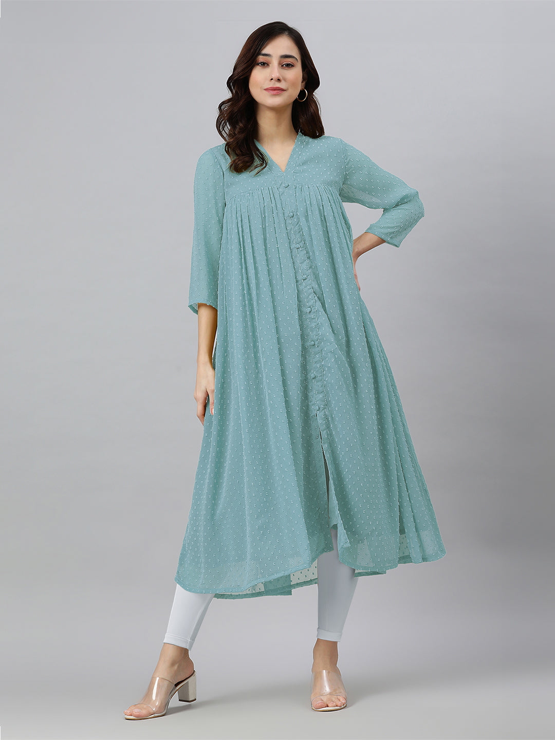 Blue Dobby Chiffon Self Design Flared Kurta