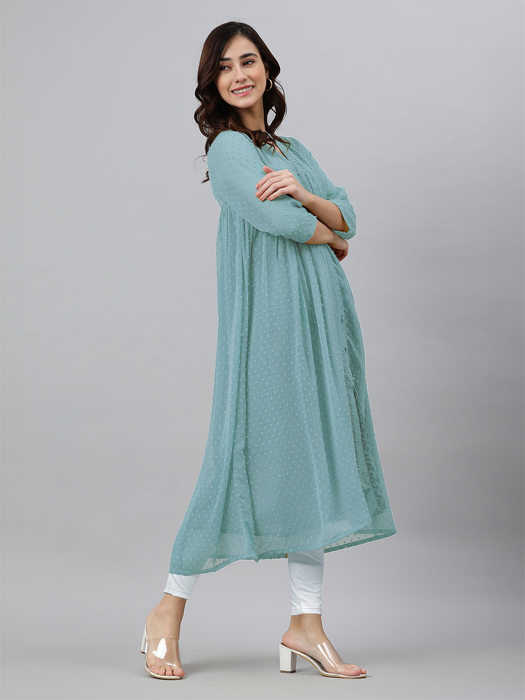 Blue Dobby Chiffon Self Design Flared Kurta