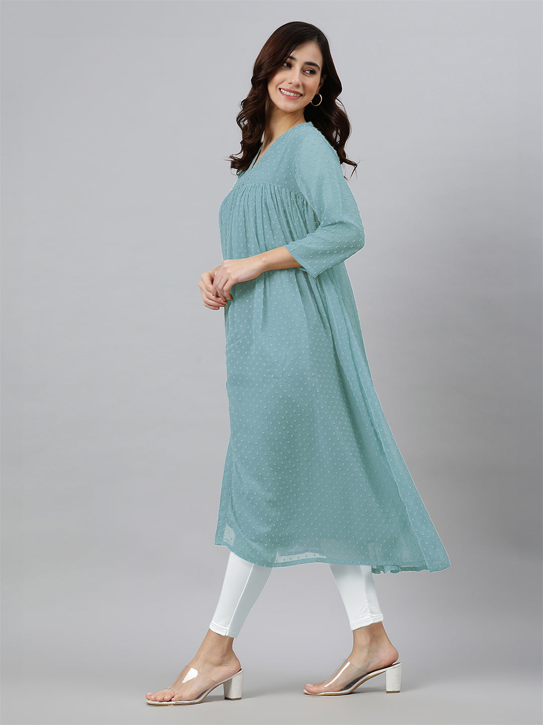 Blue Dobby Chiffon Self Design Flared Kurta