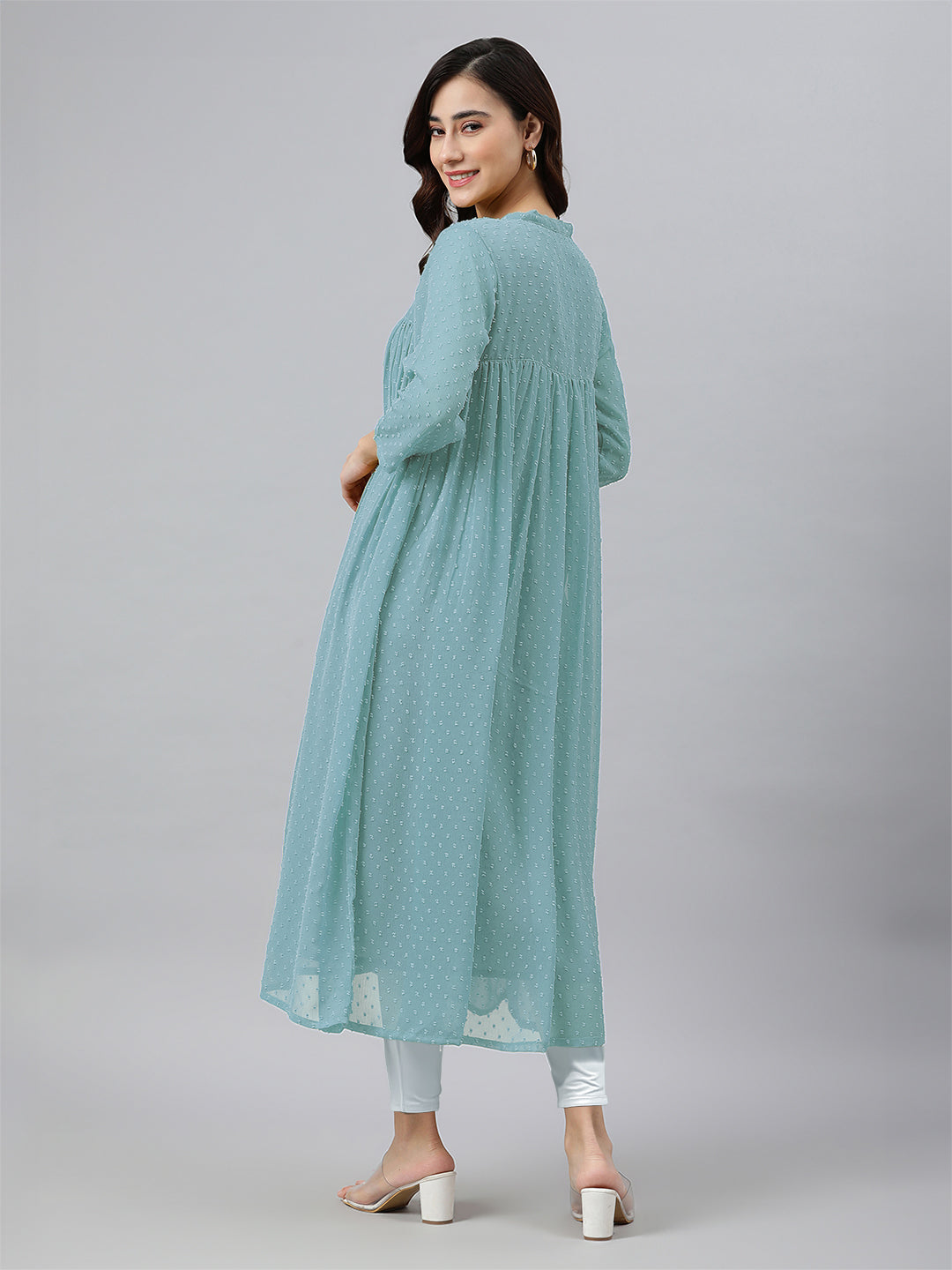 Blue Dobby Chiffon Self Design Flared Kurta