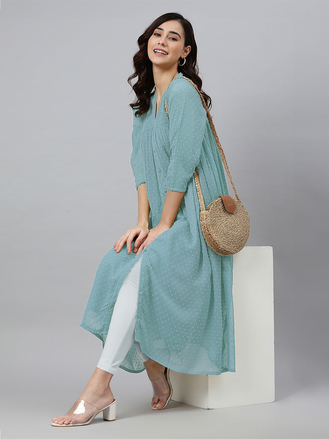 Blue Dobby Chiffon Self Design Flared Kurta