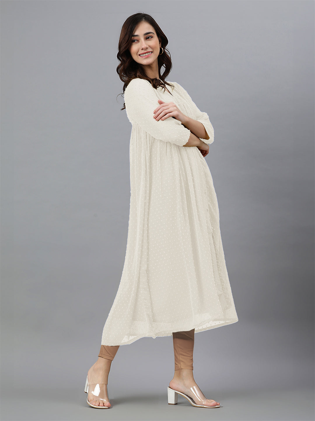 Off White Dobby Chiffon Self Design Flared Kurta