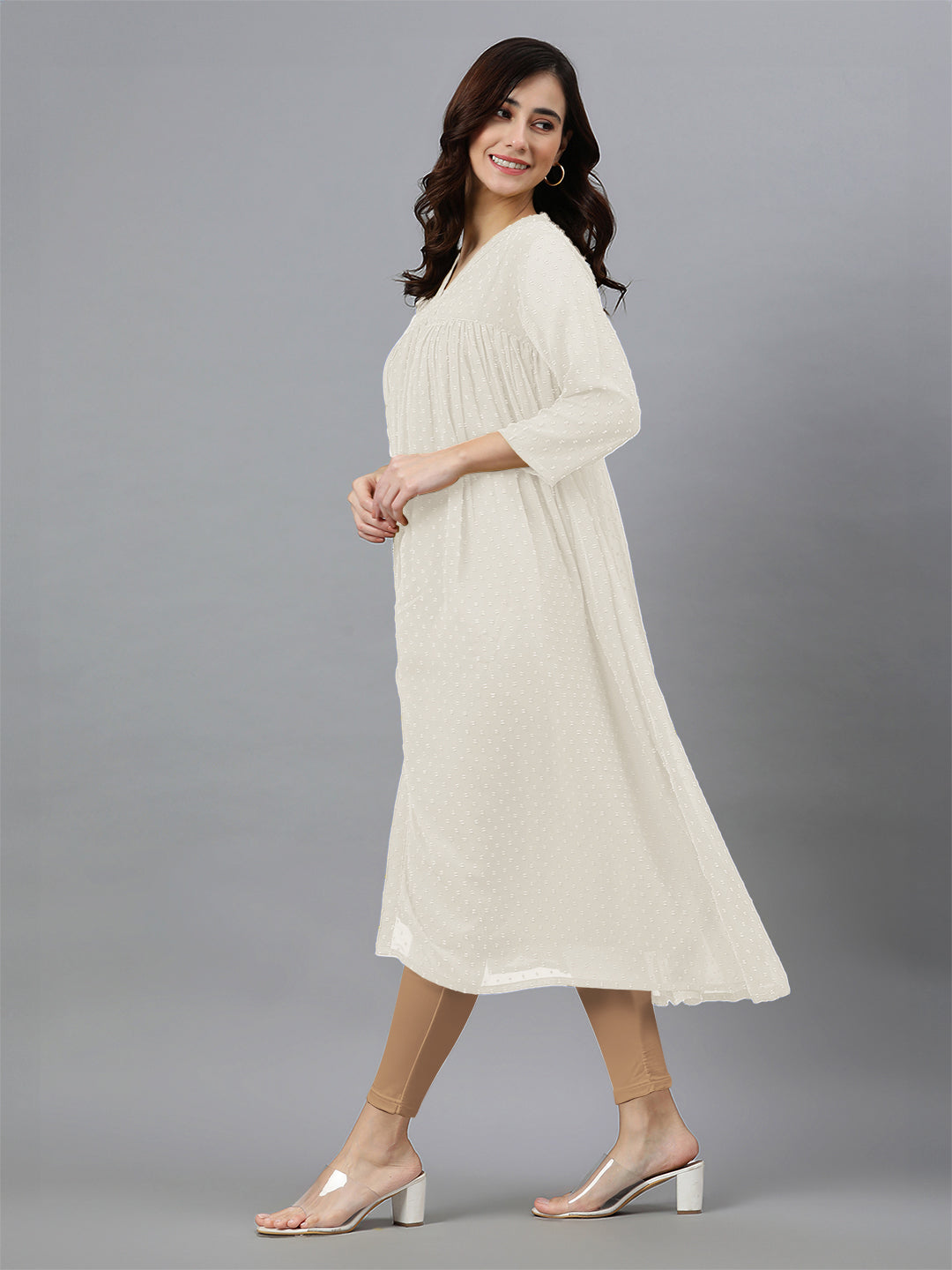 Off White Dobby Chiffon Self Design Flared Kurta