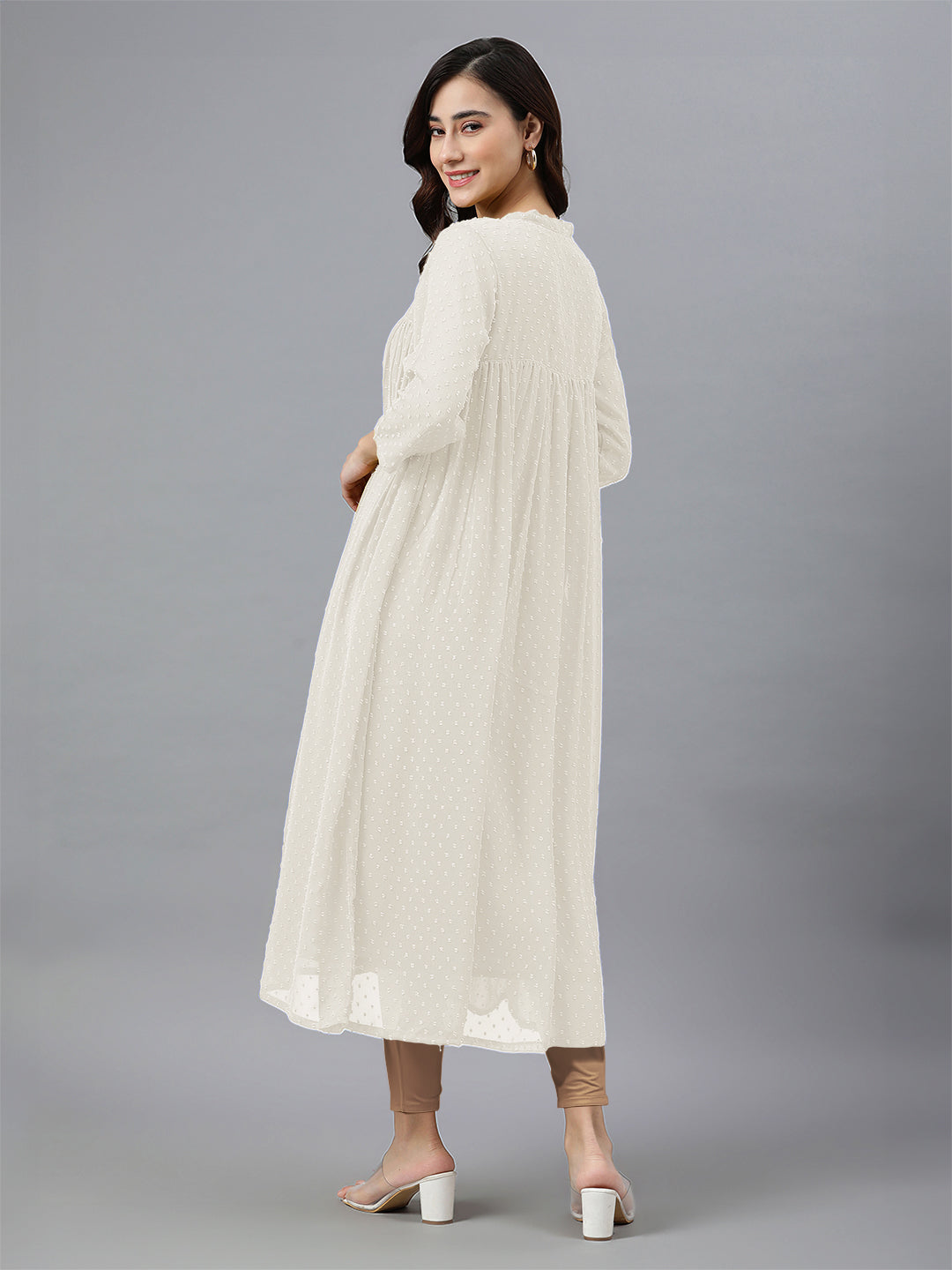 Off White Dobby Chiffon Self Design Flared Kurta