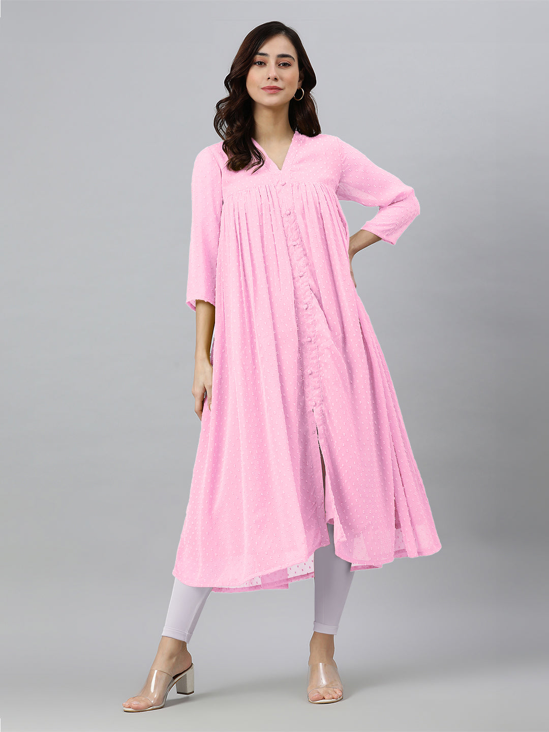 Pink Dobby Chiffon Self Design Flared Kurta