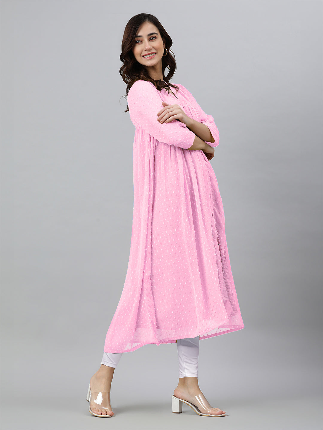 Pink Dobby Chiffon Self Design Flared Kurta