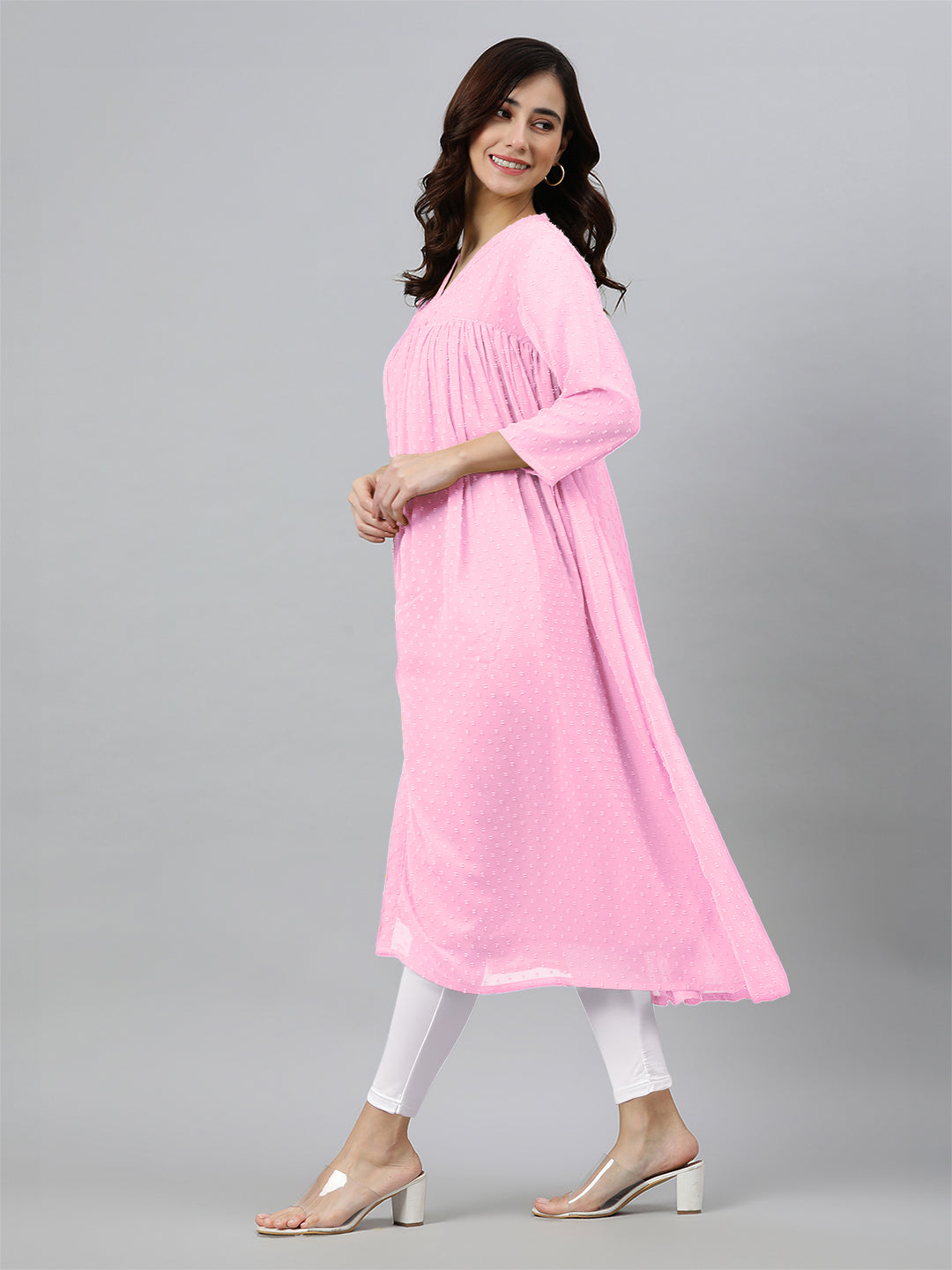 Pink Dobby Chiffon Self Design Flared Kurta