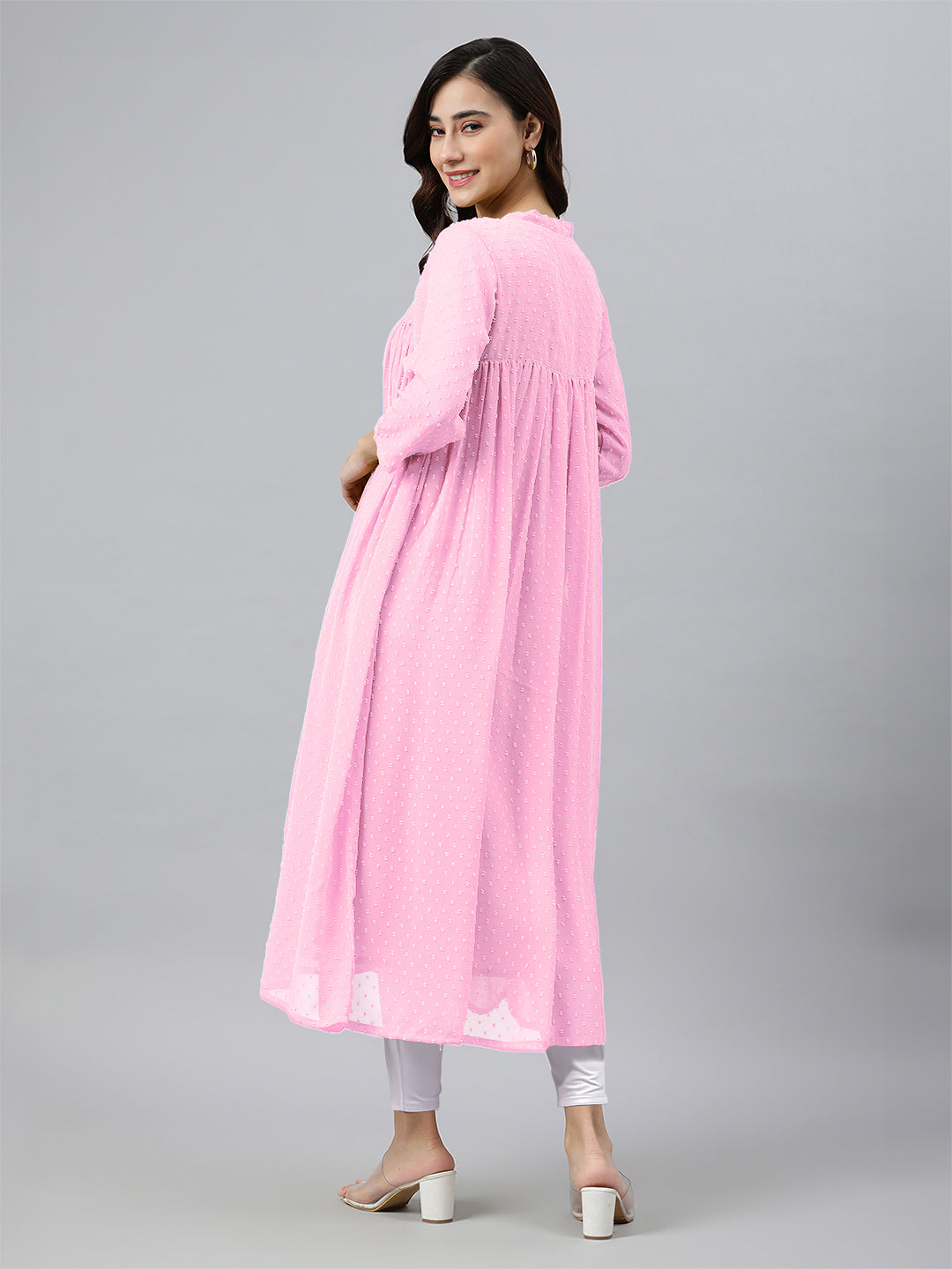 Pink Dobby Chiffon Self Design Flared Kurta