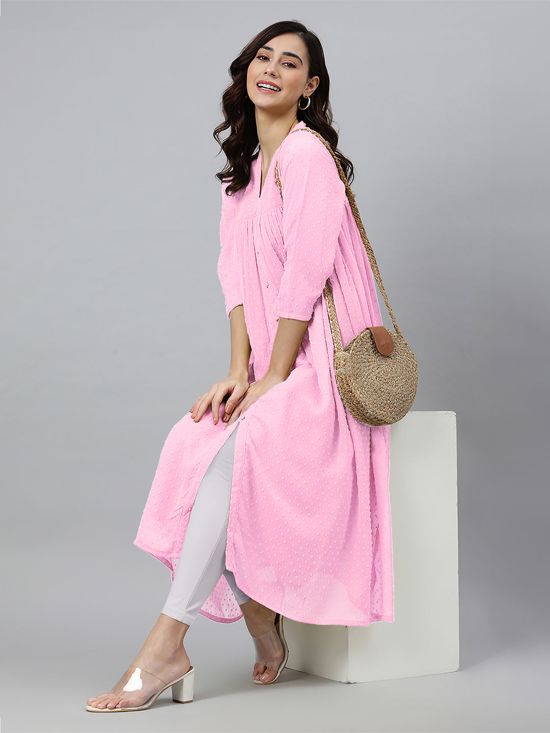 Pink Dobby Chiffon Self Design Flared Kurta