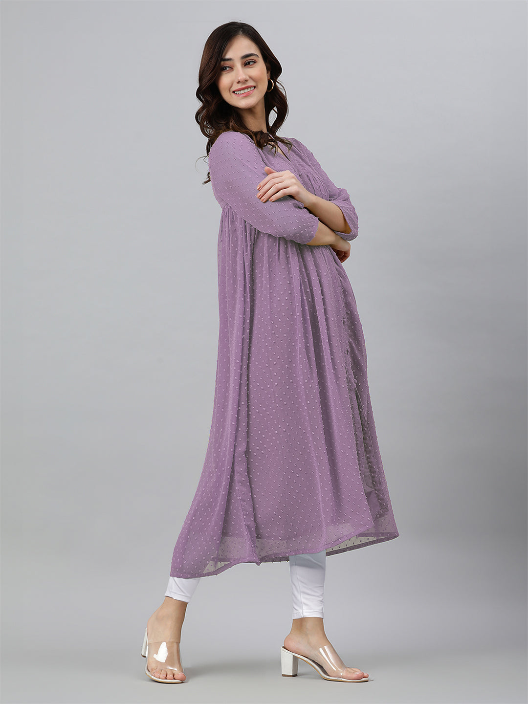 Lavender Dobby Chiffon Woven Design Front Slit Flared Kurta