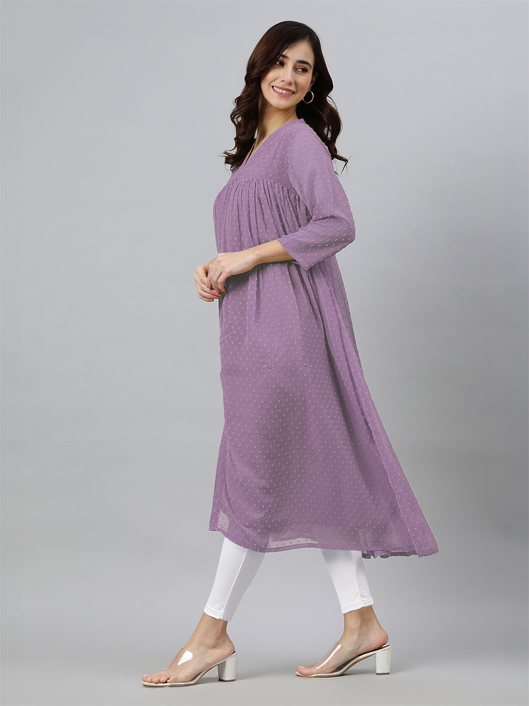 Lavender Dobby Chiffon Woven Design Front Slit Flared Kurta