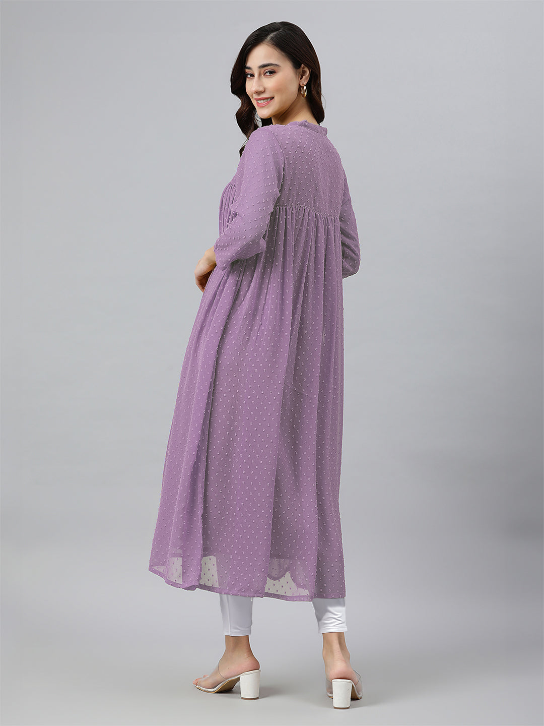 Lavender Dobby Chiffon Woven Design Front Slit Flared Kurta