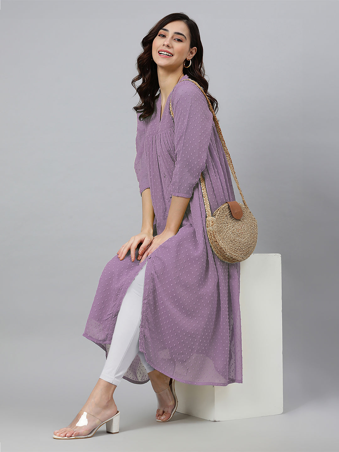 Lavender Dobby Chiffon Woven Design Front Slit Flared Kurta