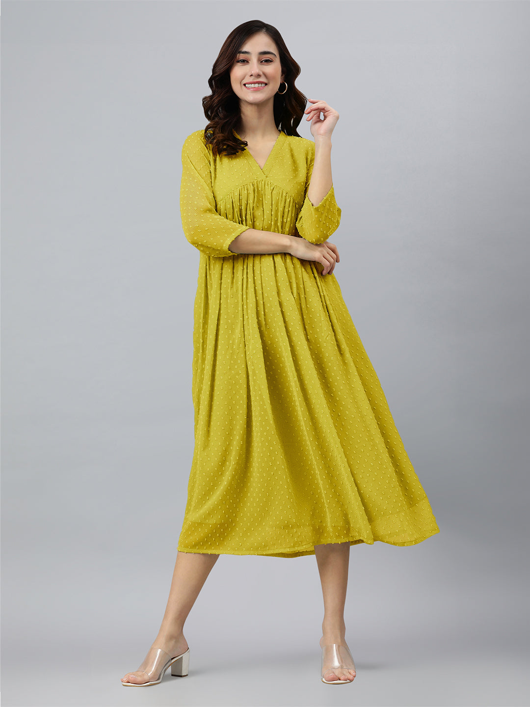 Mustard Dobby Chiffon Self Design Flared Kurta