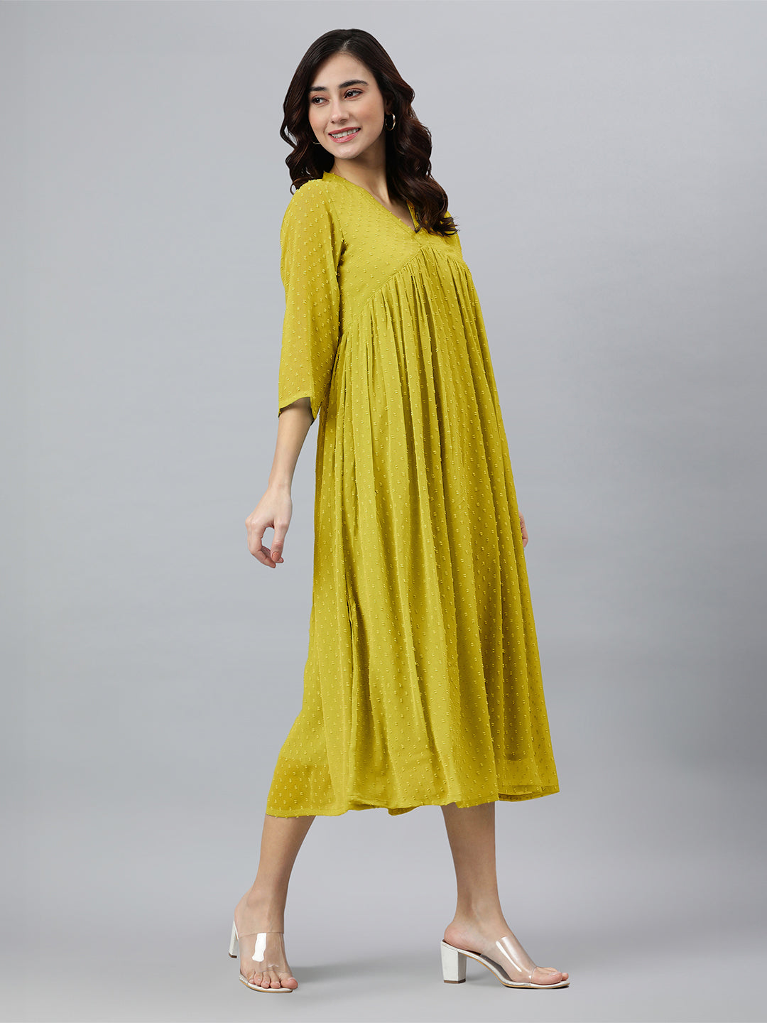 Mustard Dobby Chiffon Self Design Flared Kurta