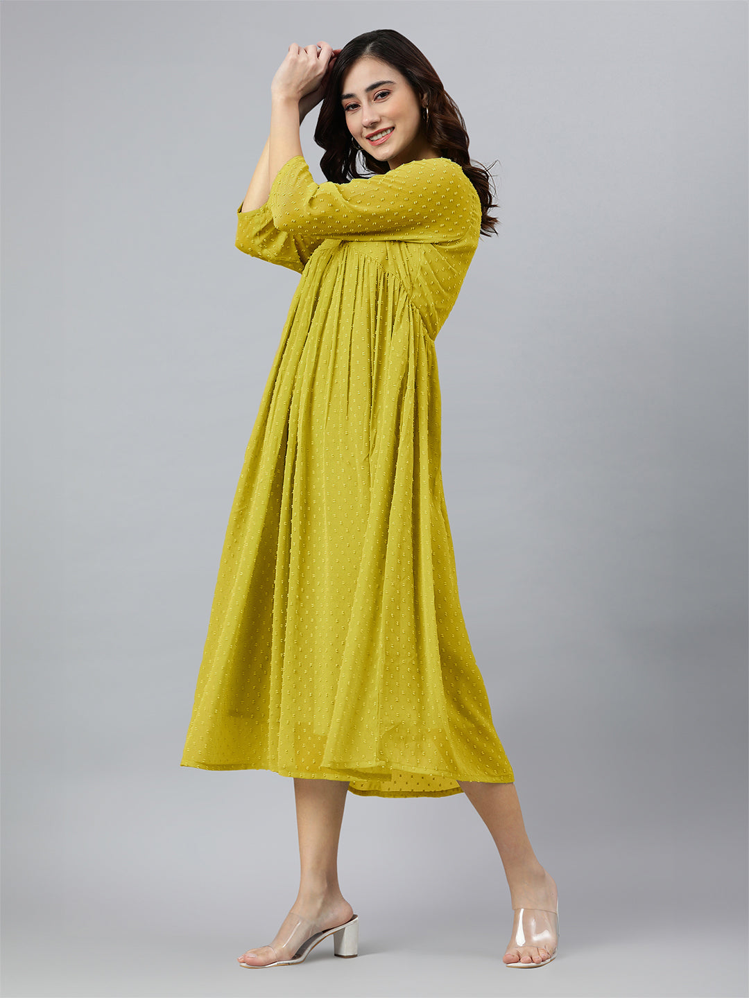 Mustard Dobby Chiffon Self Design Flared Kurta