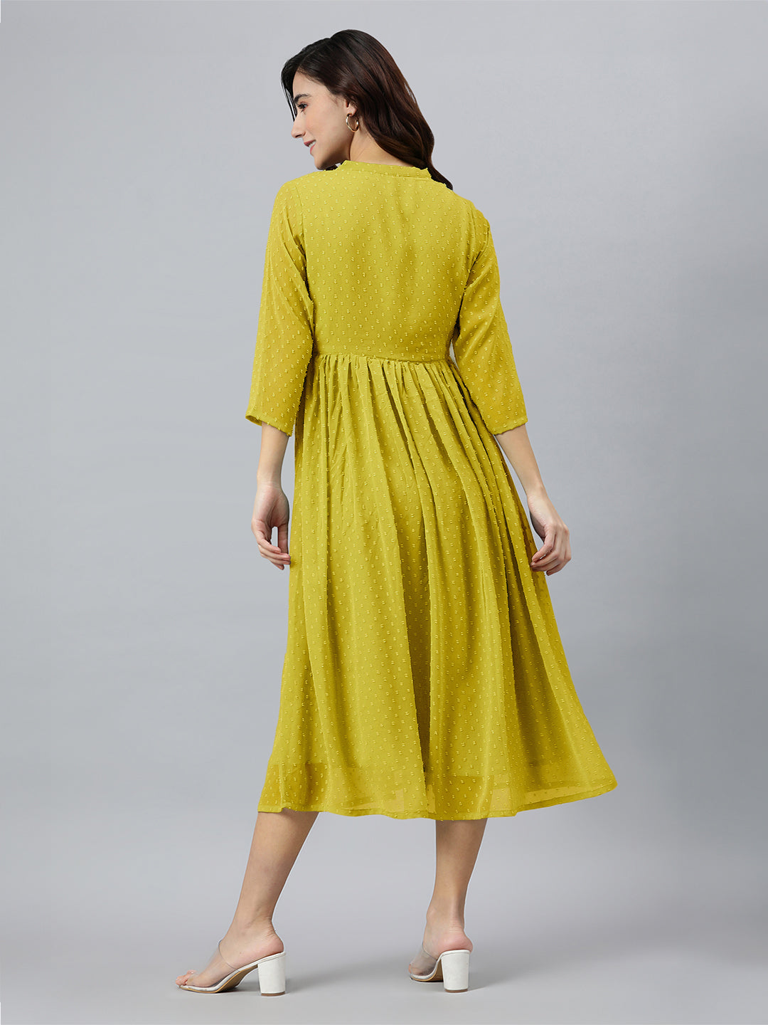 Mustard Dobby Chiffon Self Design Flared Kurta