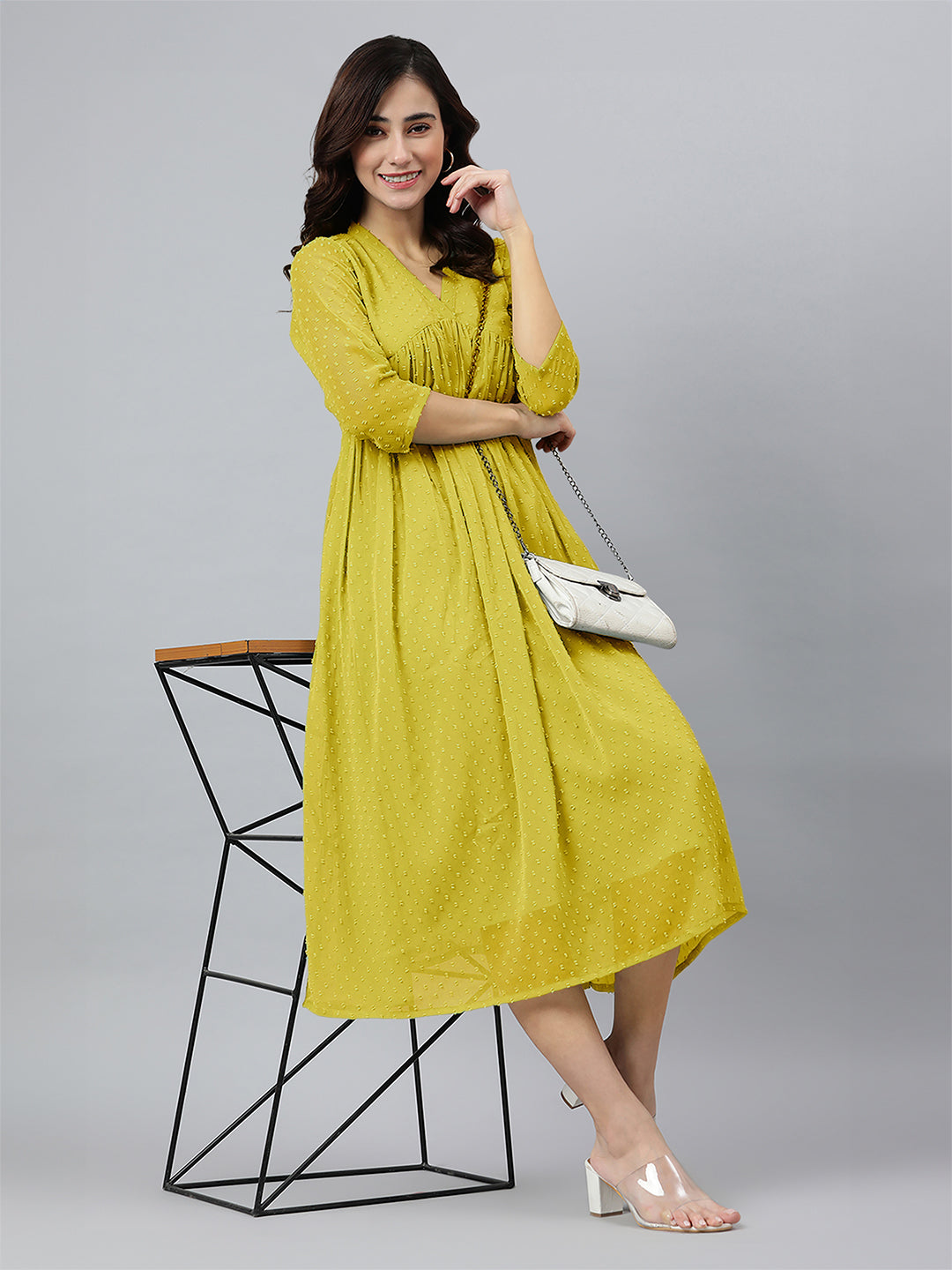 Mustard Dobby Chiffon Self Design Flared Kurta