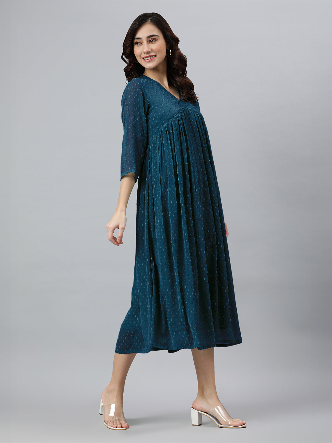 Teal Blue Dobby Chiffon Self Design Flared Kurta