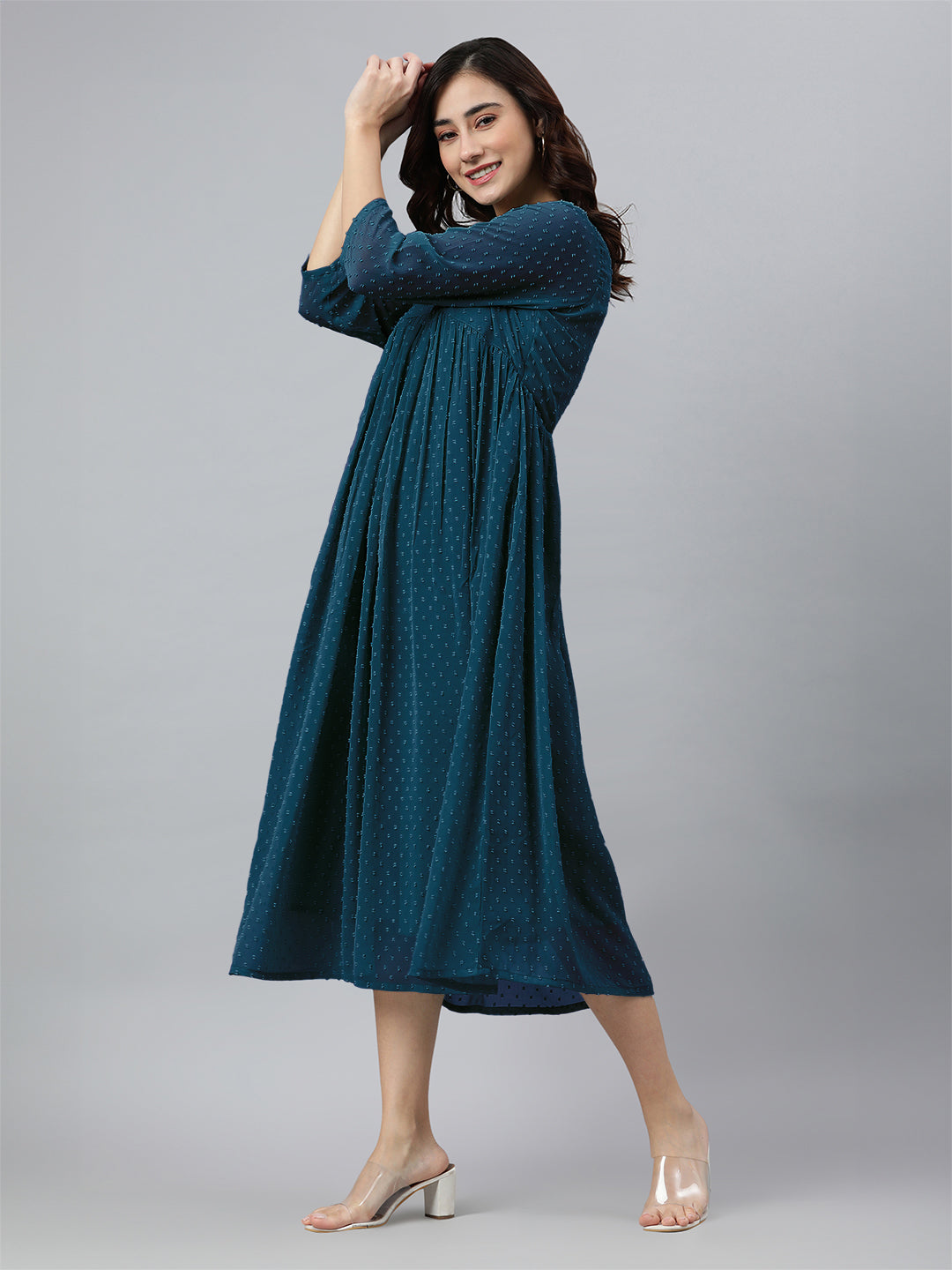 Teal Blue Dobby Chiffon Self Design Flared Kurta