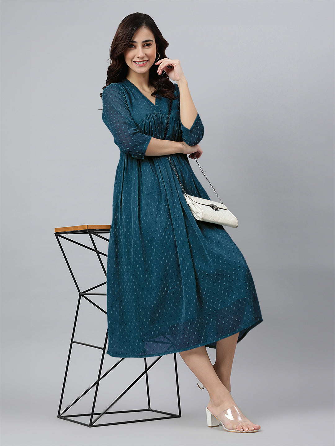 Teal Blue Dobby Chiffon Self Design Flared Kurta