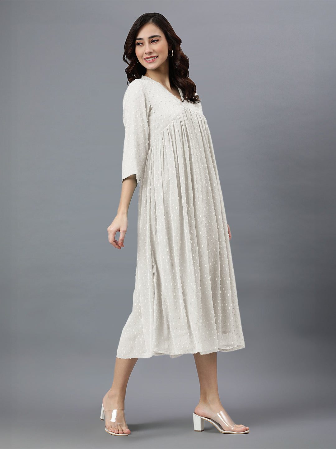 Off White Dobby Chiffon Self Design Flared Kurta