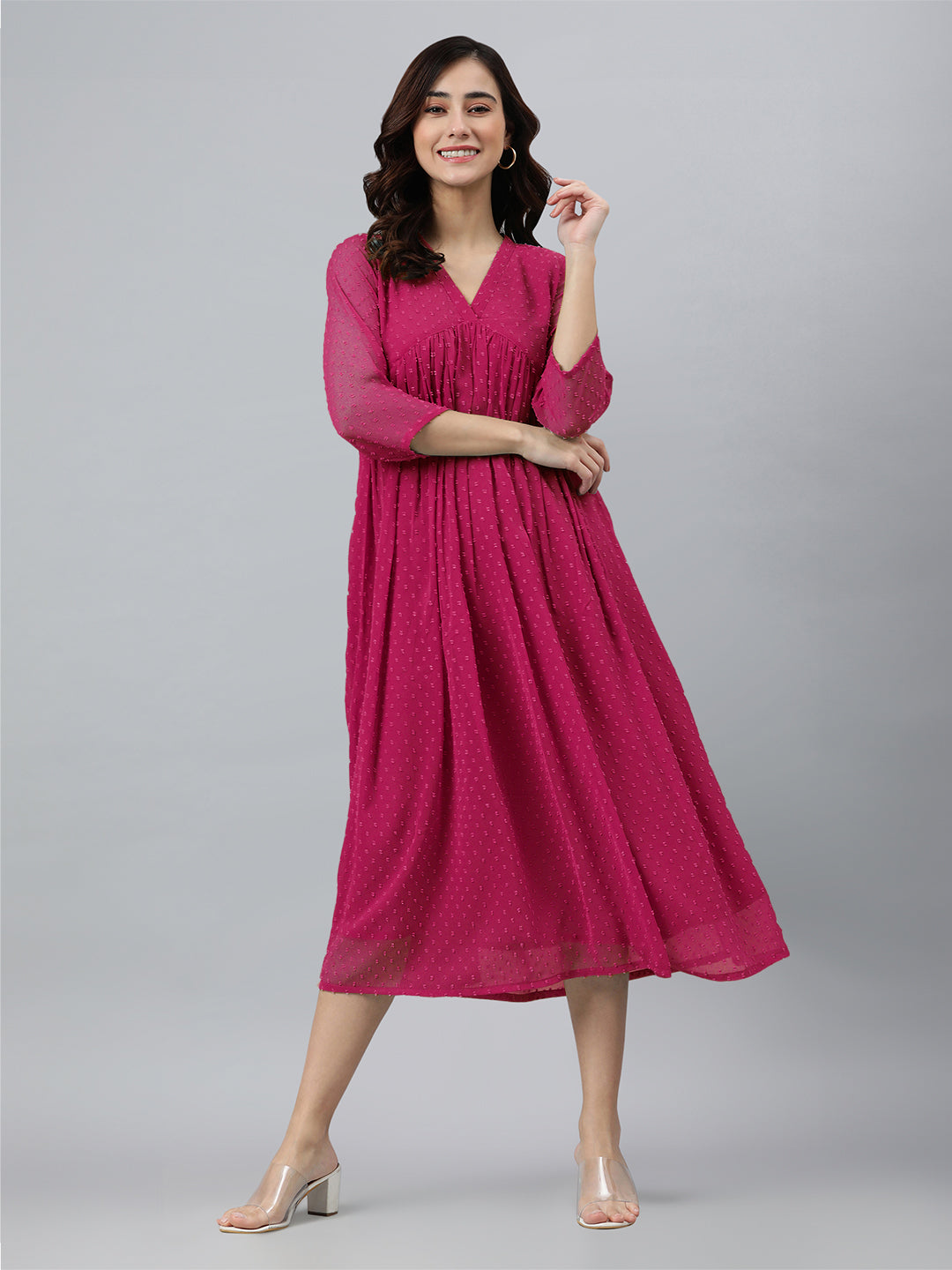 Pink Dobby Chiffon Self Design Flared Kurta