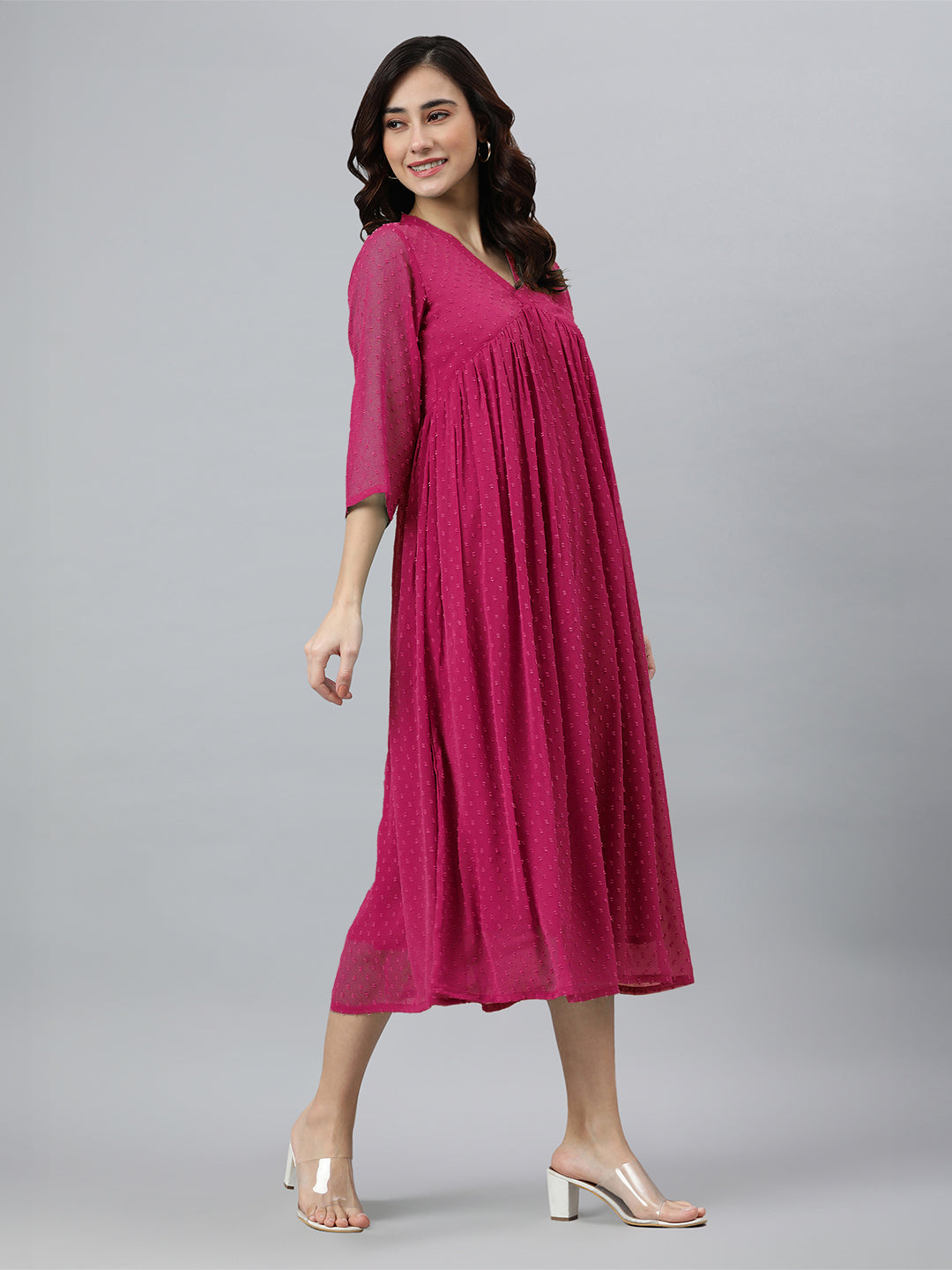 Pink Dobby Chiffon Self Design Flared Kurta