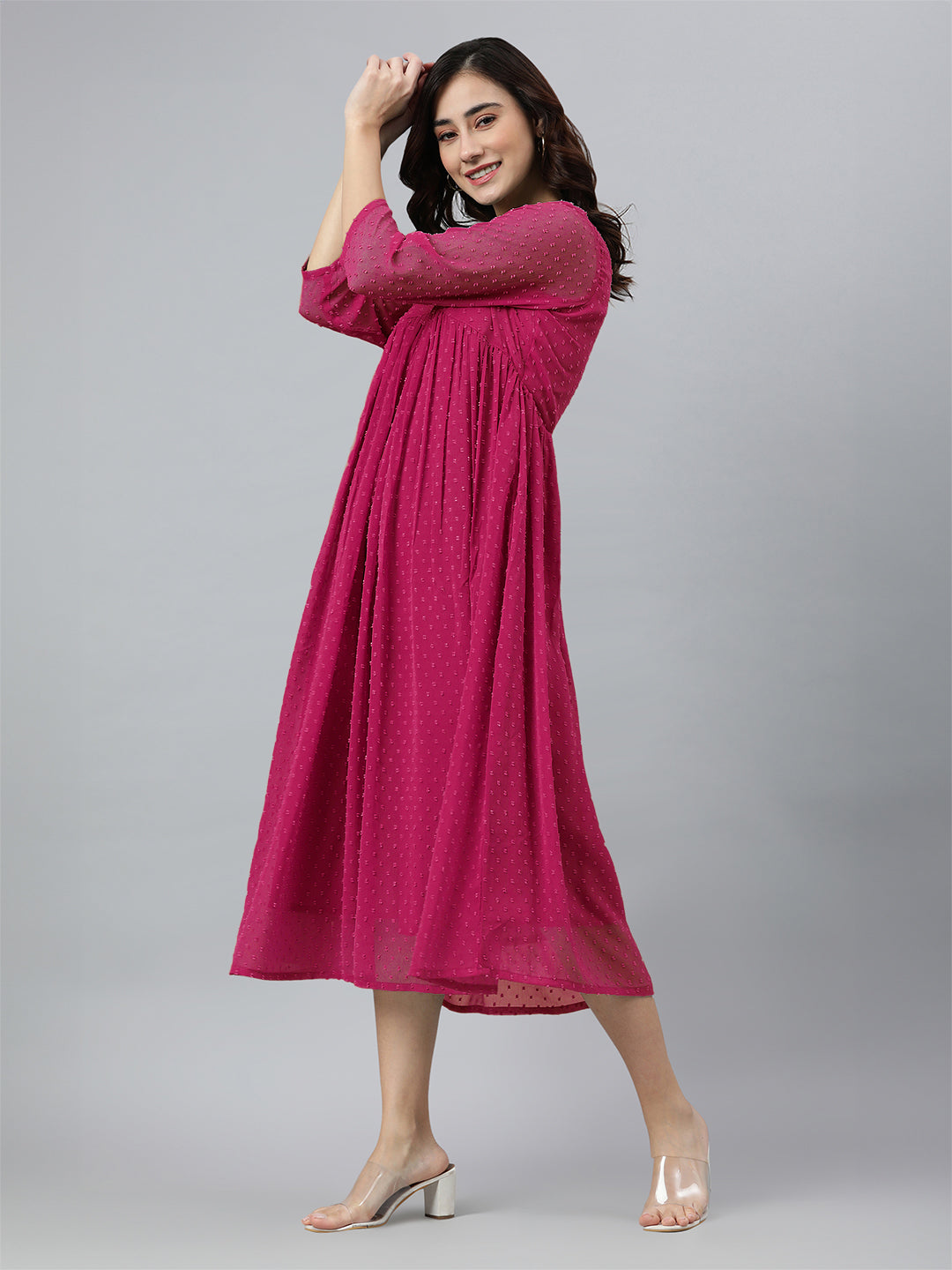 Pink Dobby Chiffon Self Design Flared Kurta