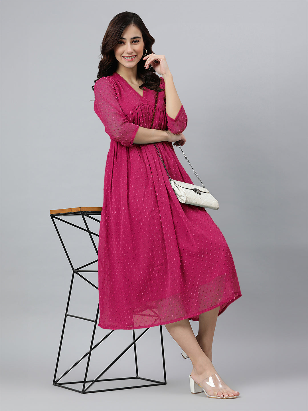 Pink Dobby Chiffon Self Design Flared Kurta