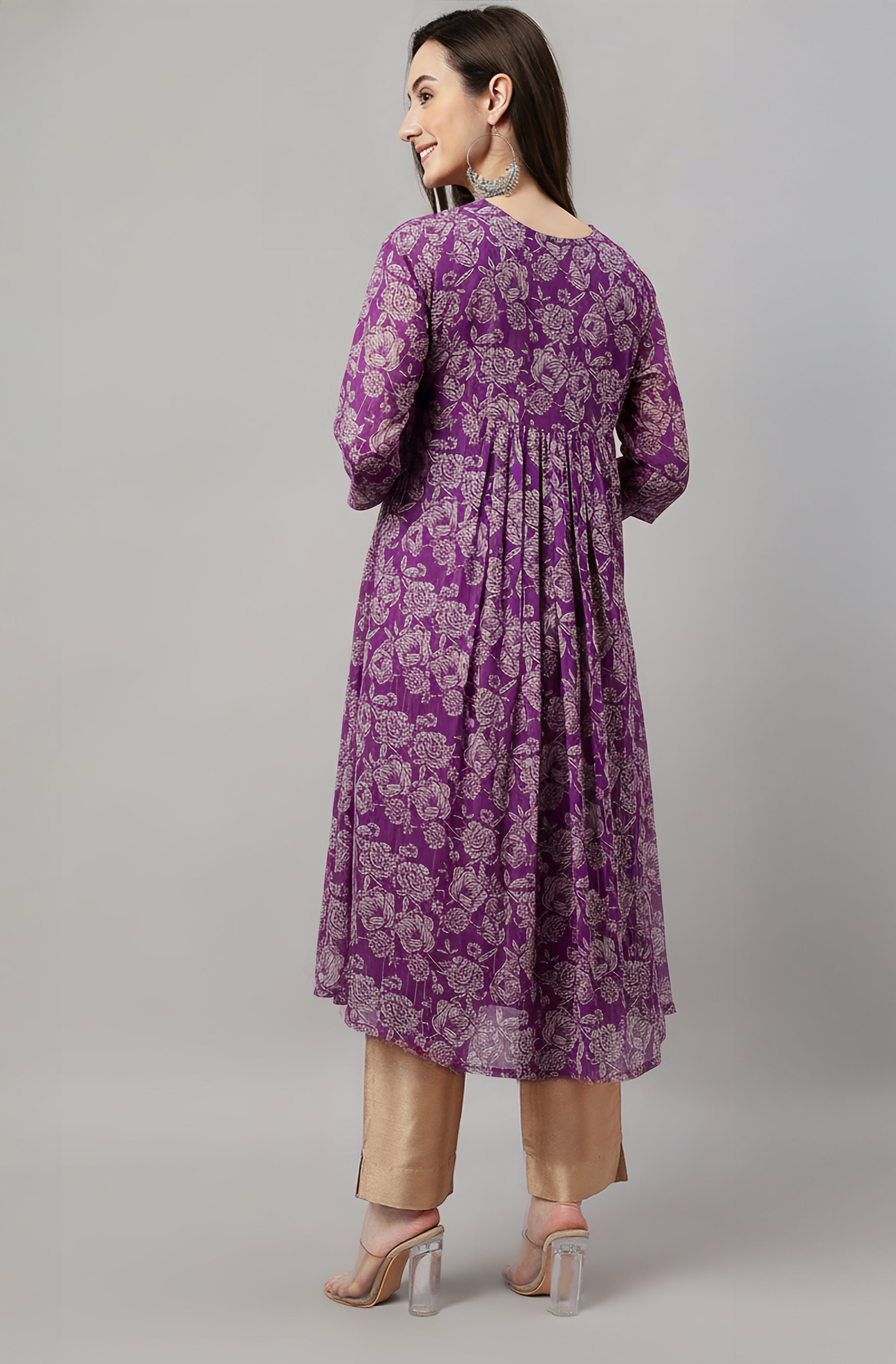 Janasya Women's Purple Chiffon Floral Printed A-line Kurta