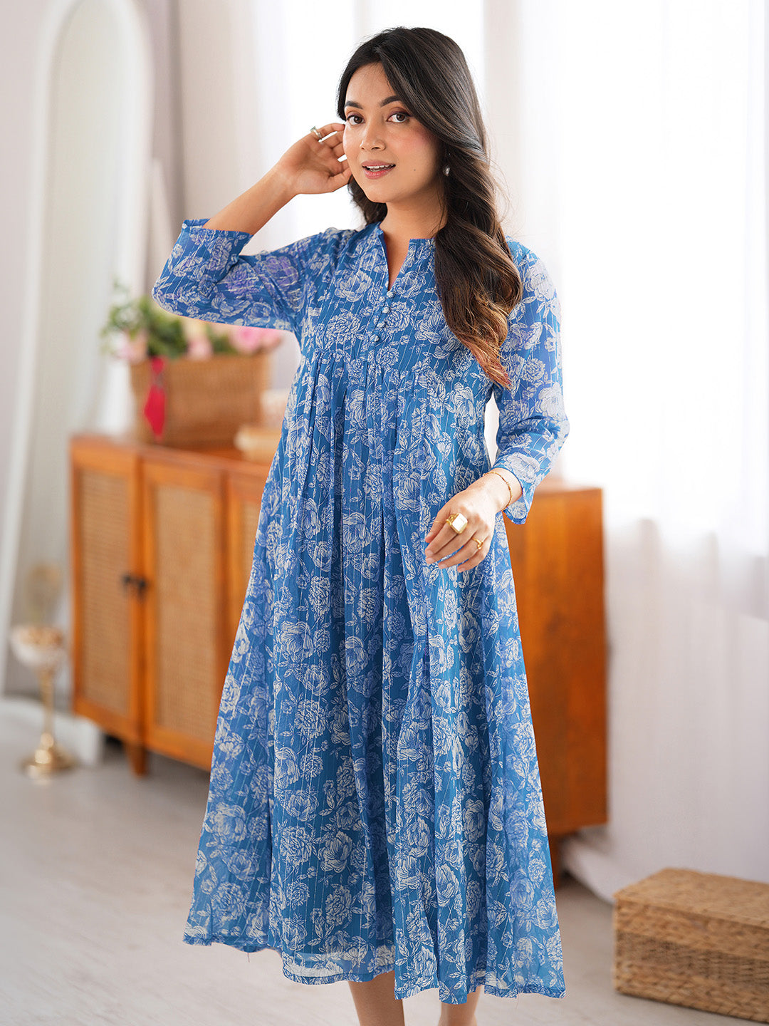 Janasya Women's Blue Chiffon Lurex Floral Printed A-line Kurta