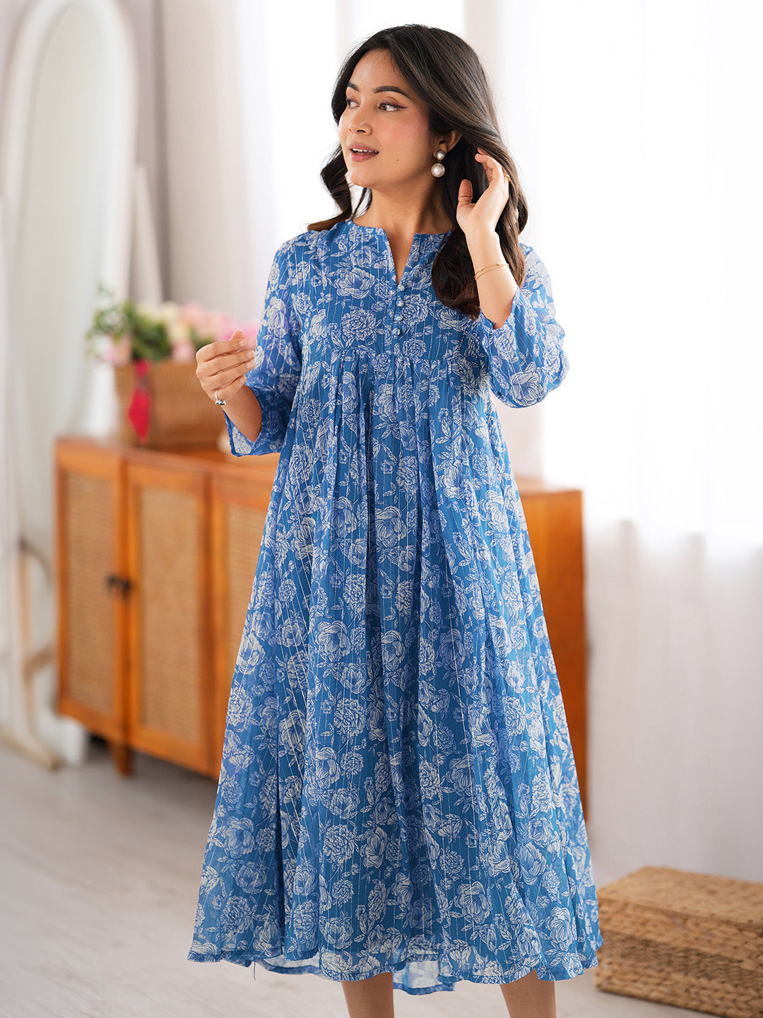 Janasya Women's Blue Chiffon Lurex Floral Printed A-line Kurta