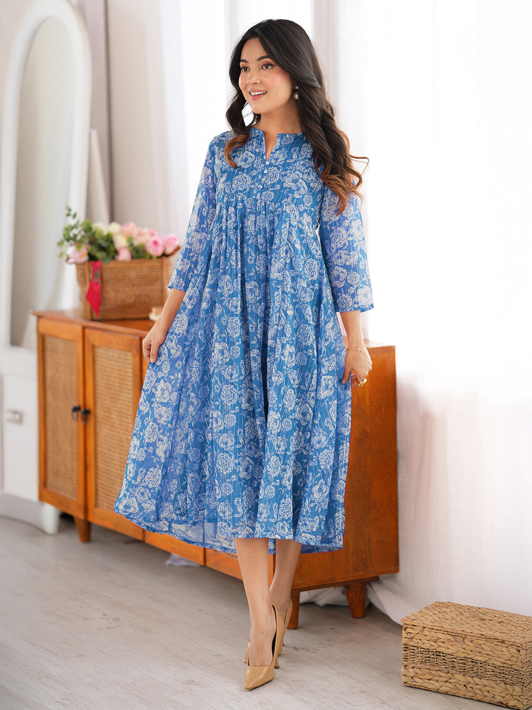 Janasya Women's Blue Chiffon Lurex Floral Printed A-line Kurta