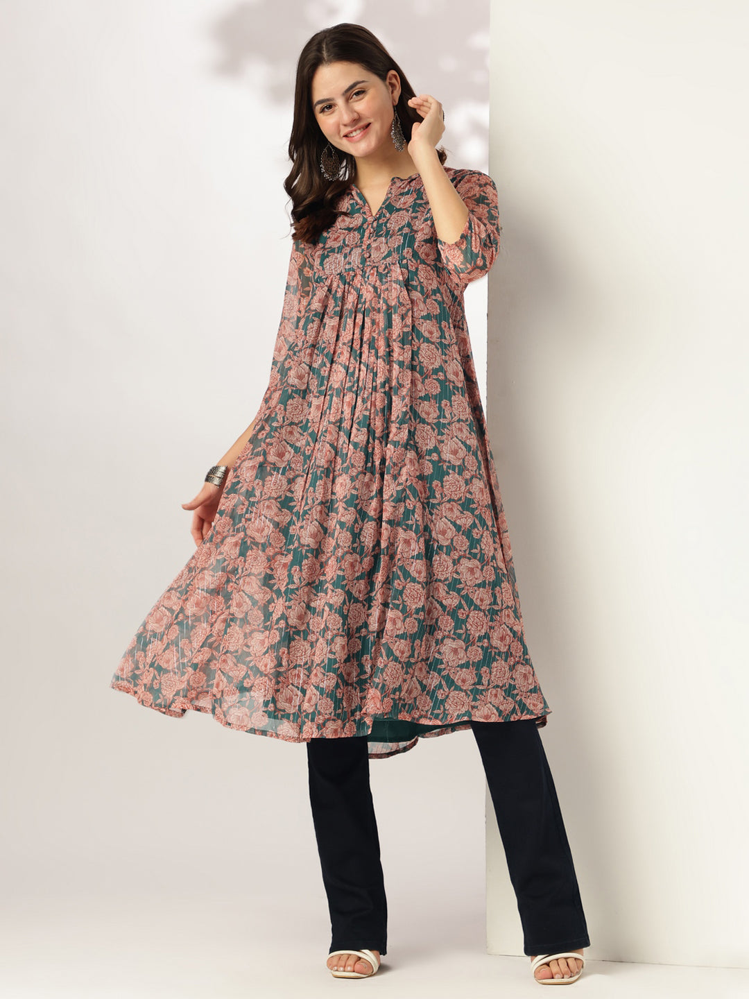 Janasya Women's Dark Green Chiffon Lurex Floral Printed A-line Kurta