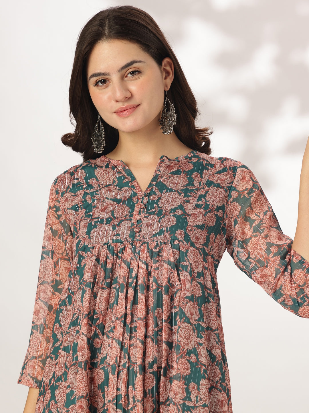 Janasya Women's Dark Green Chiffon Lurex Floral Printed A-line Kurta