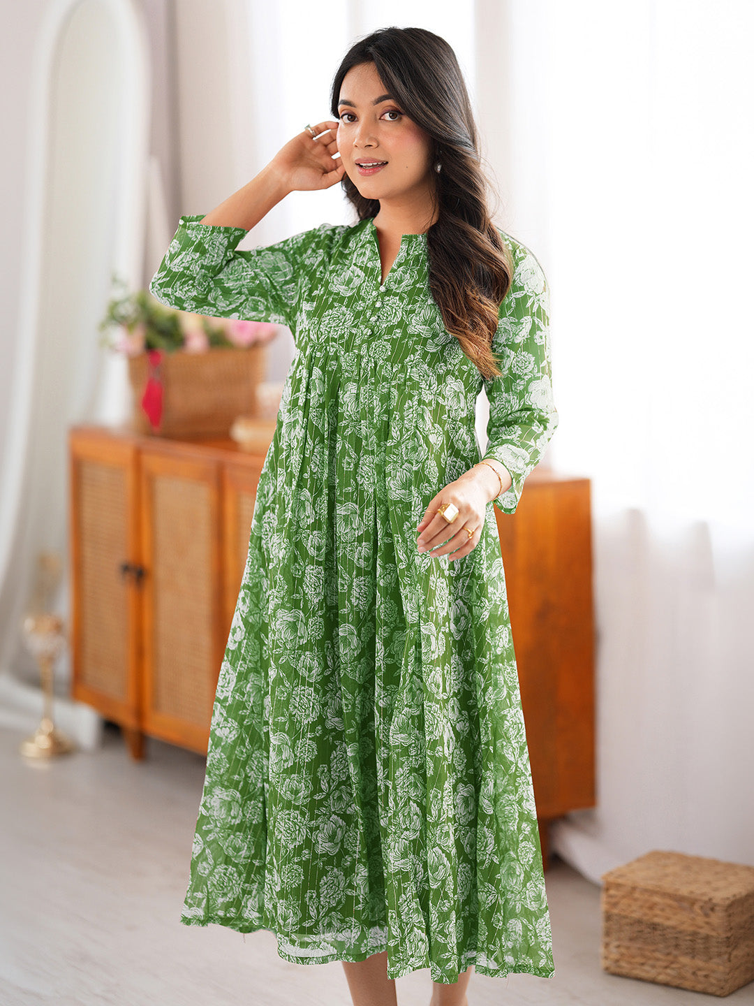 Janasya Women's Green Chiffon Lurex Floral Printed A-line Kurta