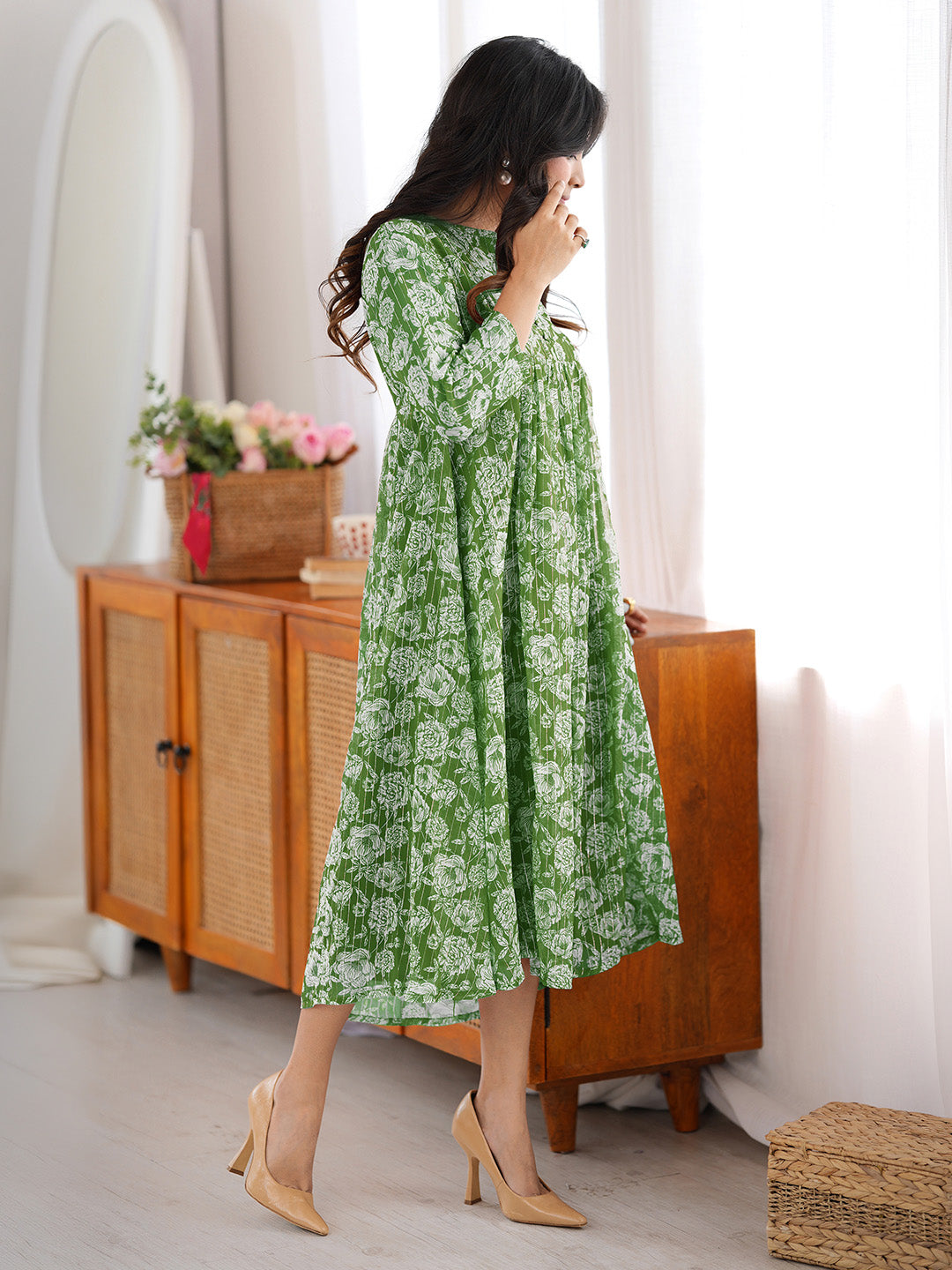 Janasya Women's Green Chiffon Lurex Floral Printed A-line Kurta