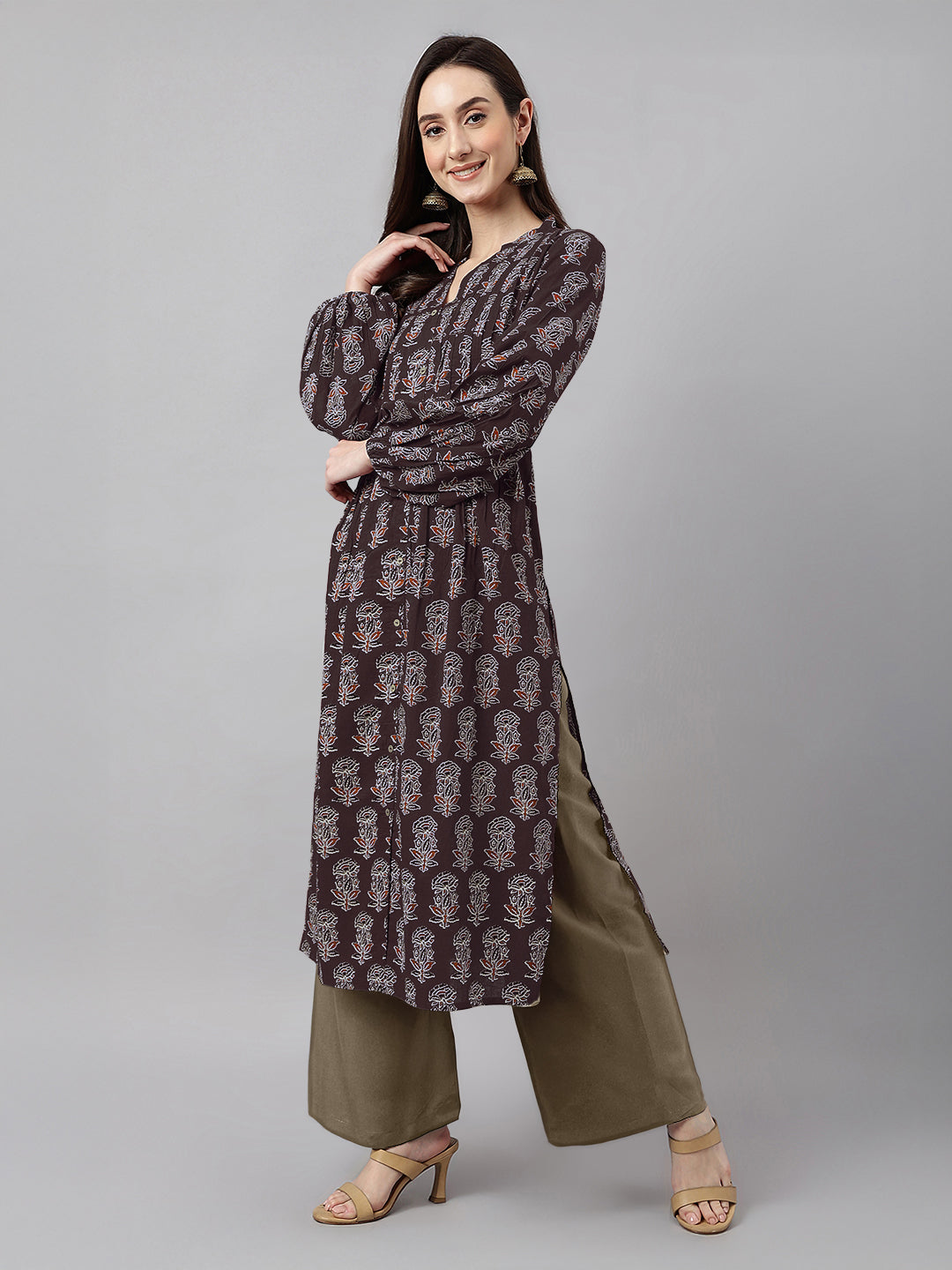 Janasya Women's Dark Brown Pure Cotton Floral Printed A-line Kurta