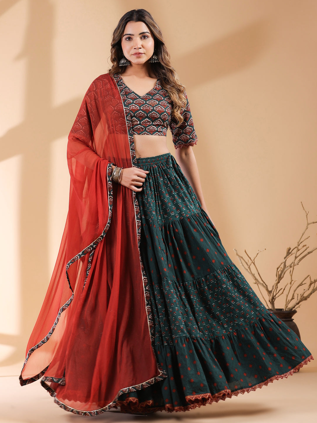 Dark Green Pure Cotton Ethnic Motifs Tiered Lehenga Choli With Dupatta Set