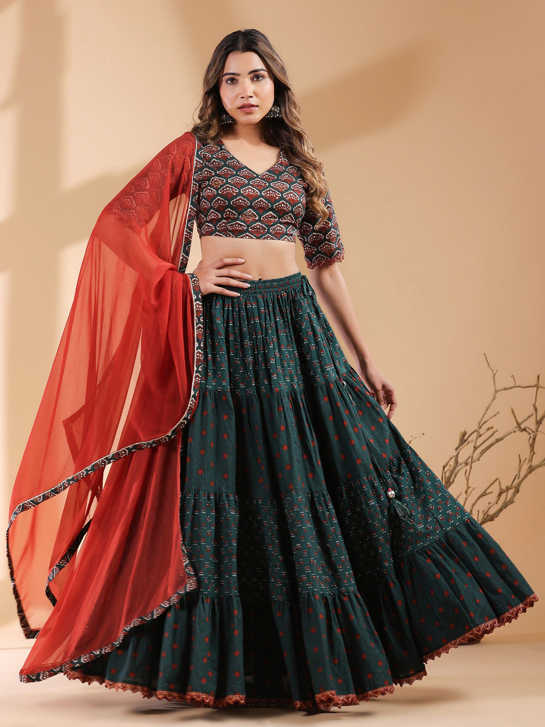 Dark Green Pure Cotton Ethnic Motifs Tiered Lehenga Choli With Dupatta Set