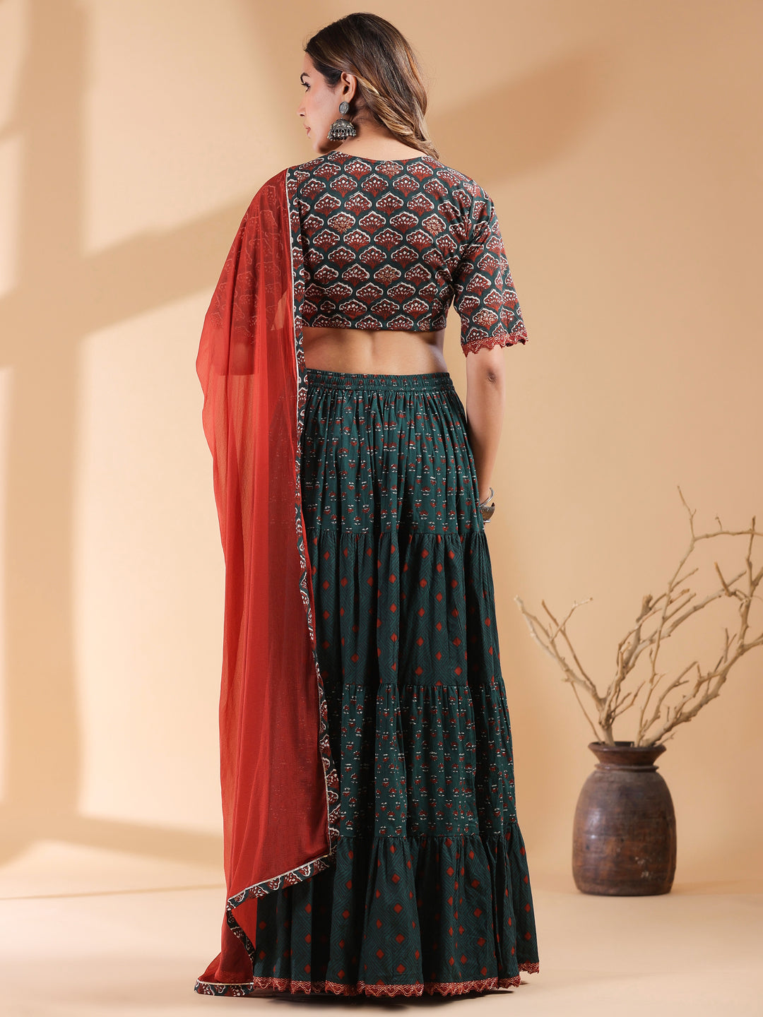 Dark Green Pure Cotton Ethnic Motifs Tiered Lehenga Choli With Dupatta Set