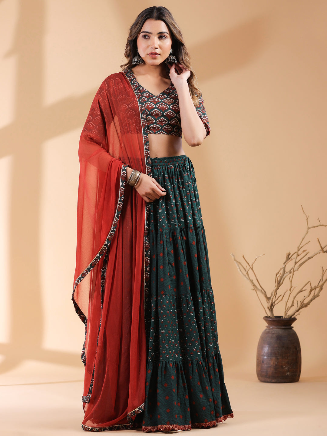 Dark Green Pure Cotton Ethnic Motifs Tiered Lehenga Choli With Dupatta Set