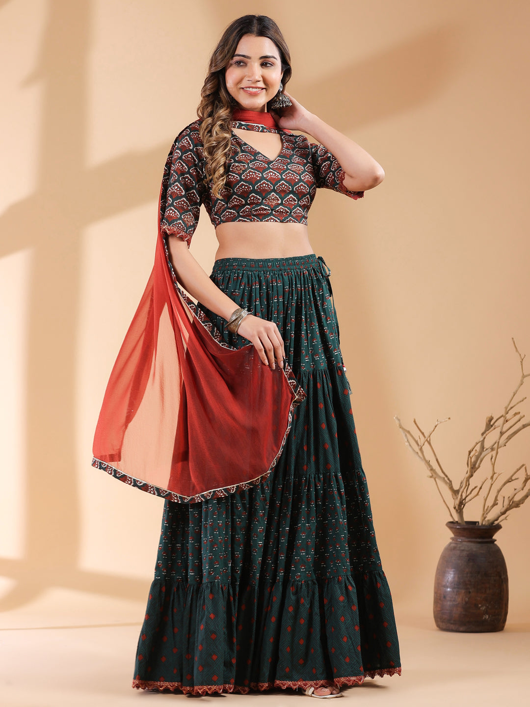 Dark Green Pure Cotton Ethnic Motifs Tiered Lehenga Choli With Dupatta Set