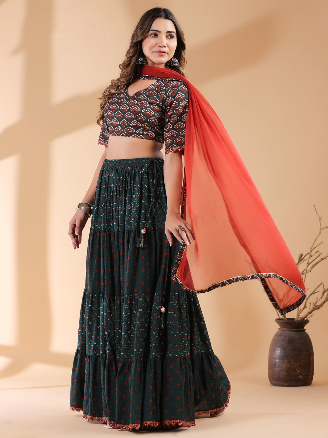 Dark Green Pure Cotton Ethnic Motifs Tiered Lehenga Choli With Dupatta Set