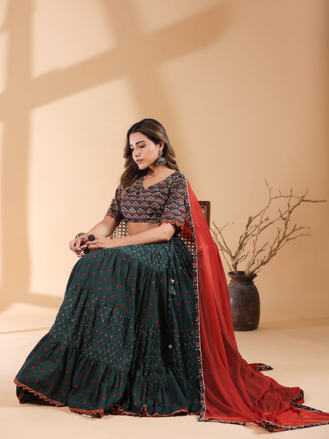 Dark Green Pure Cotton Ethnic Motifs Tiered Lehenga Choli With Dupatta Set