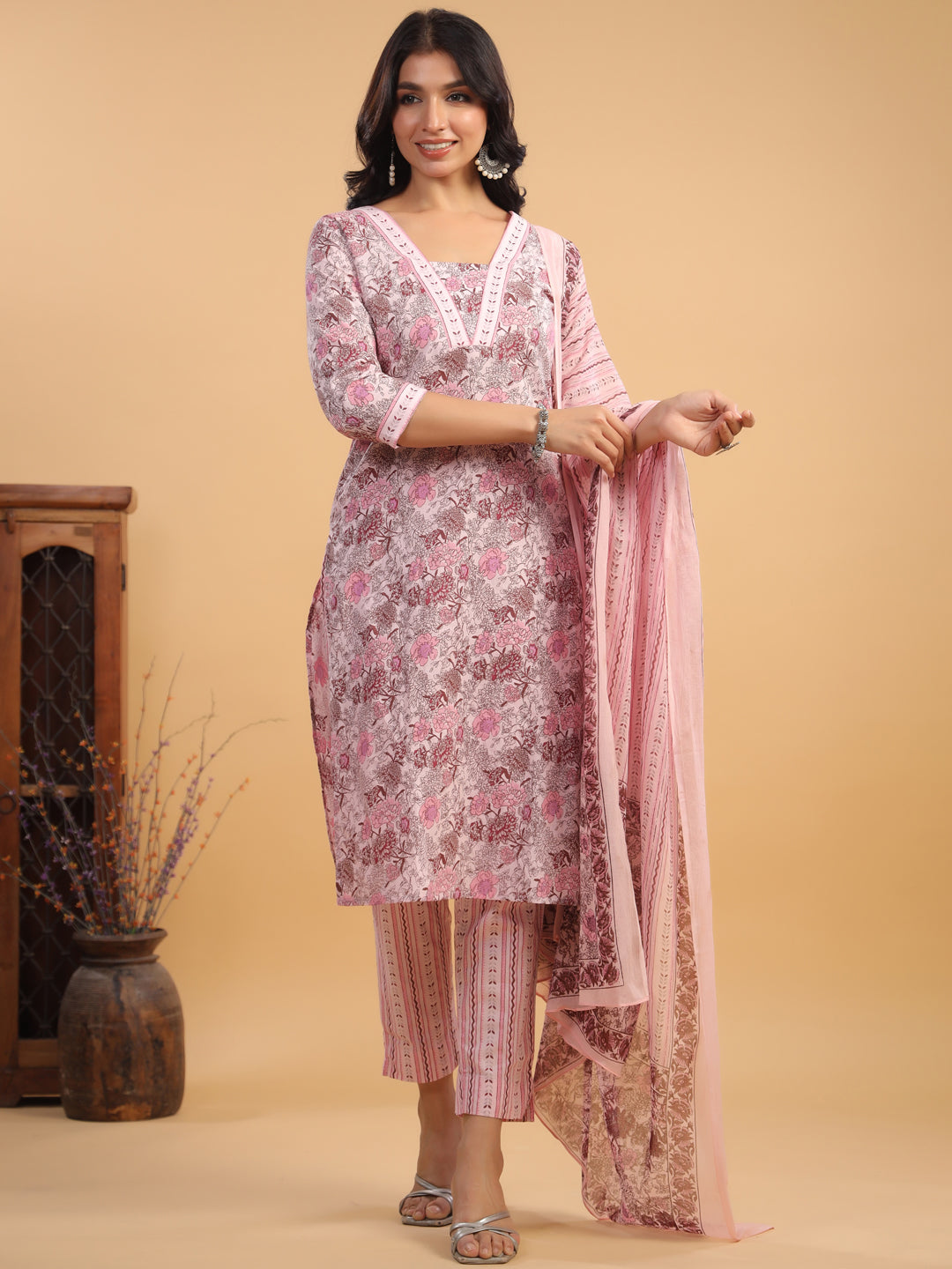 Pink Pure Cotton Floral Straight Kurta Set