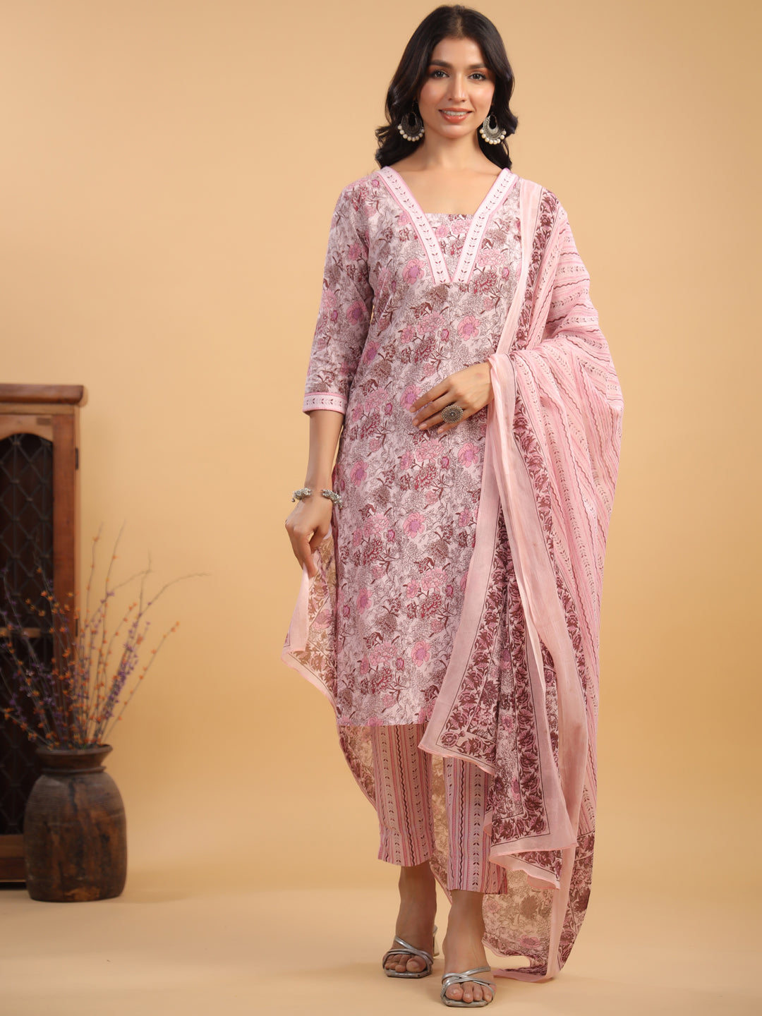 Pink Pure Cotton Floral Straight Kurta Set