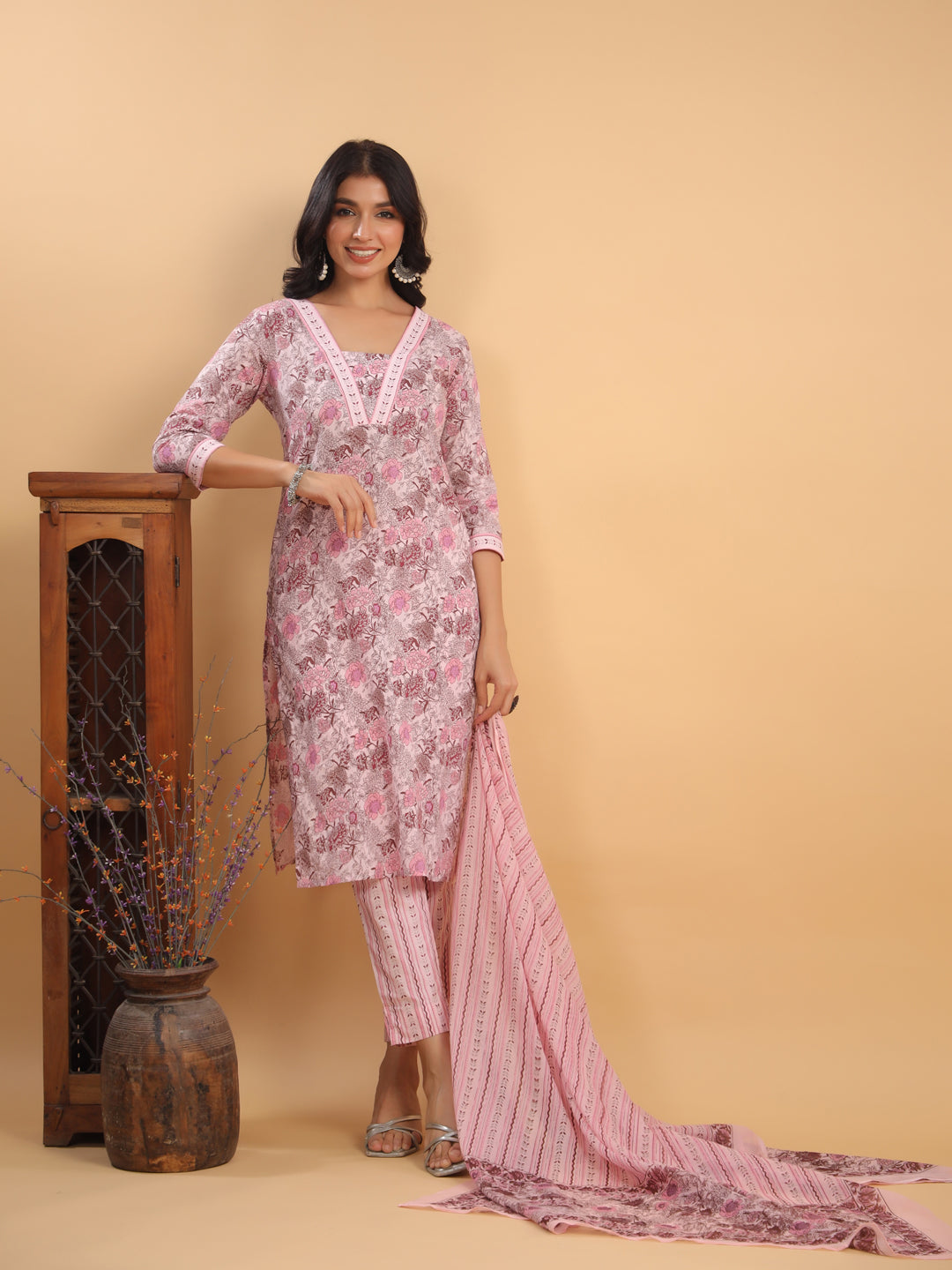 Pink Pure Cotton Floral Straight Kurta Set