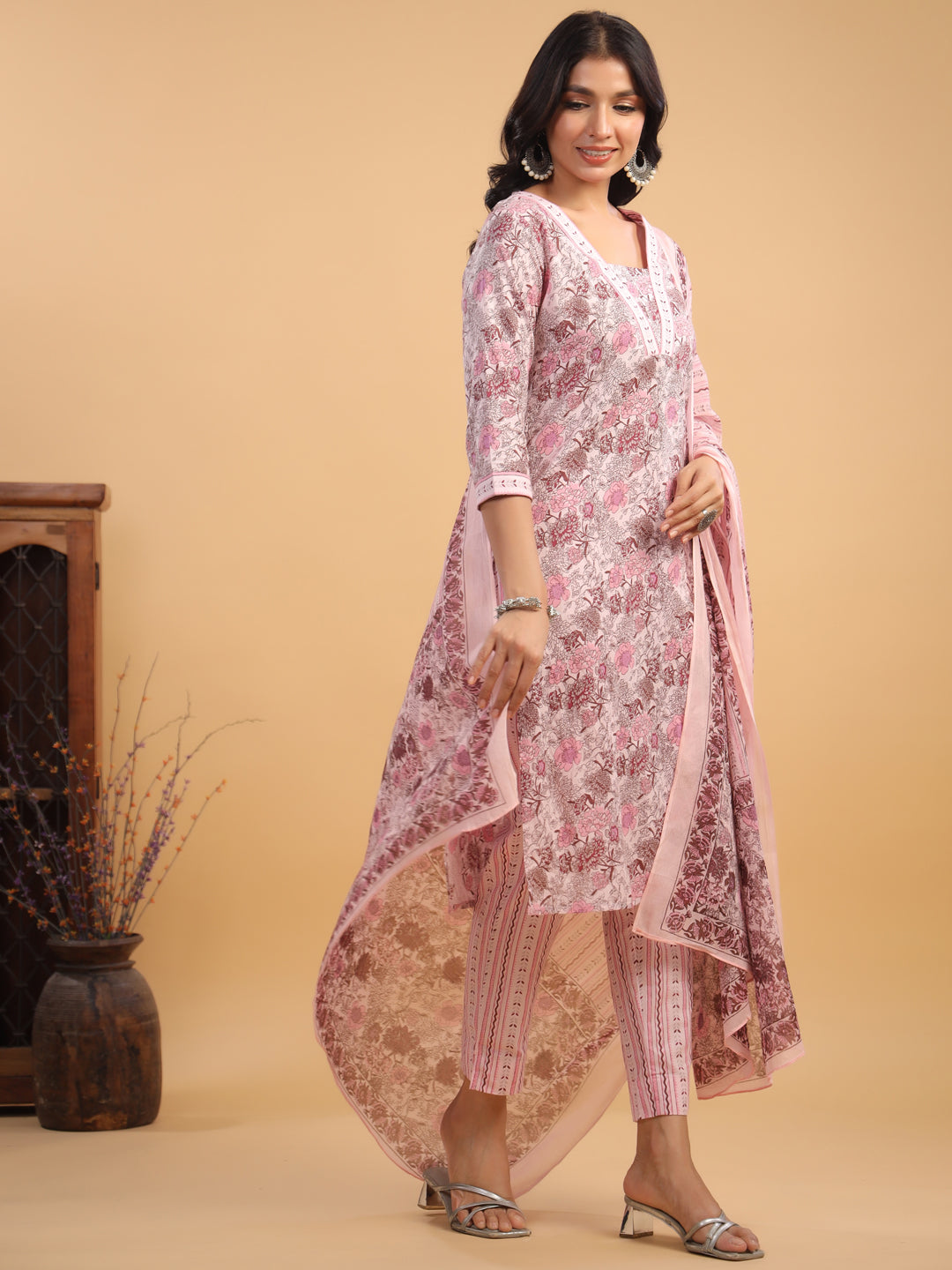 Pink Pure Cotton Floral Straight Kurta Set